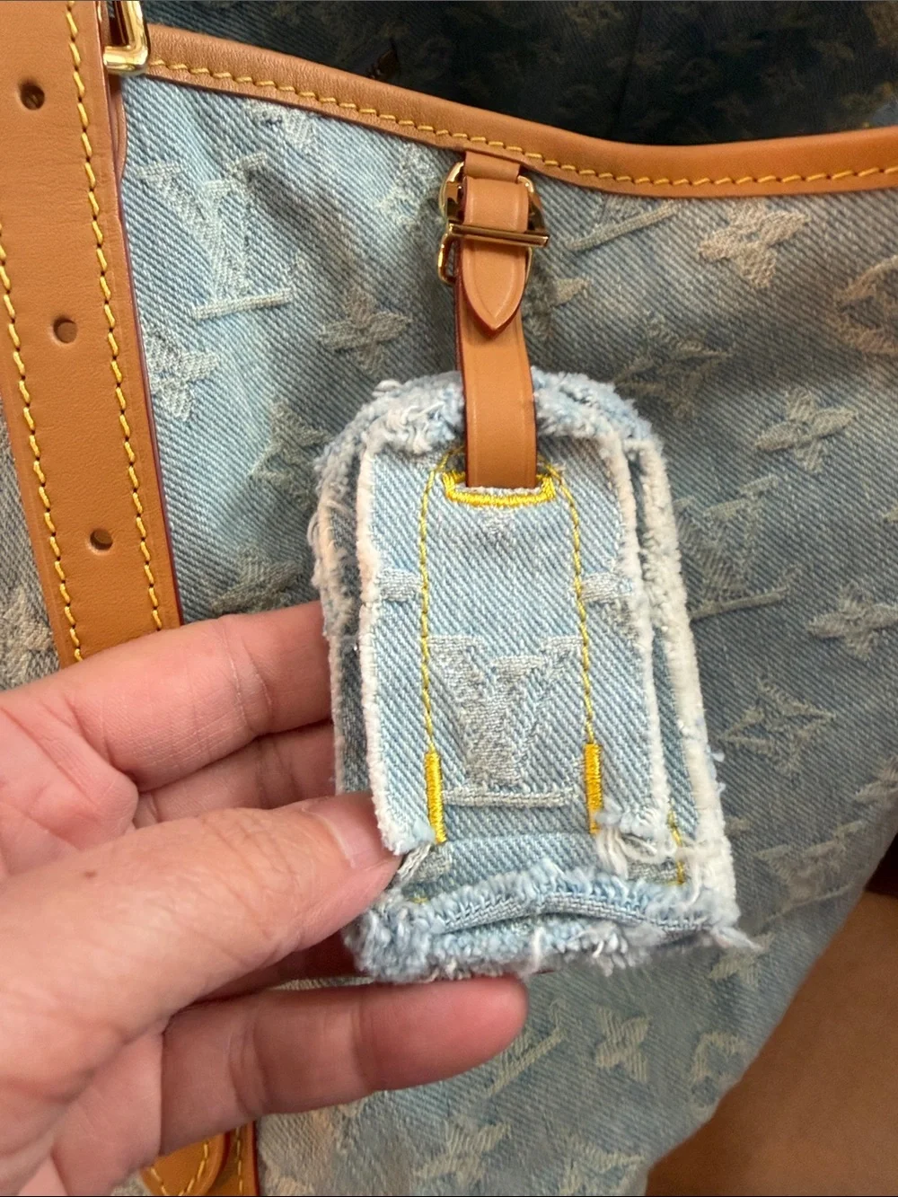 Louis Vuitton Denim Monogram Tote in Light Blue with Tan Trim